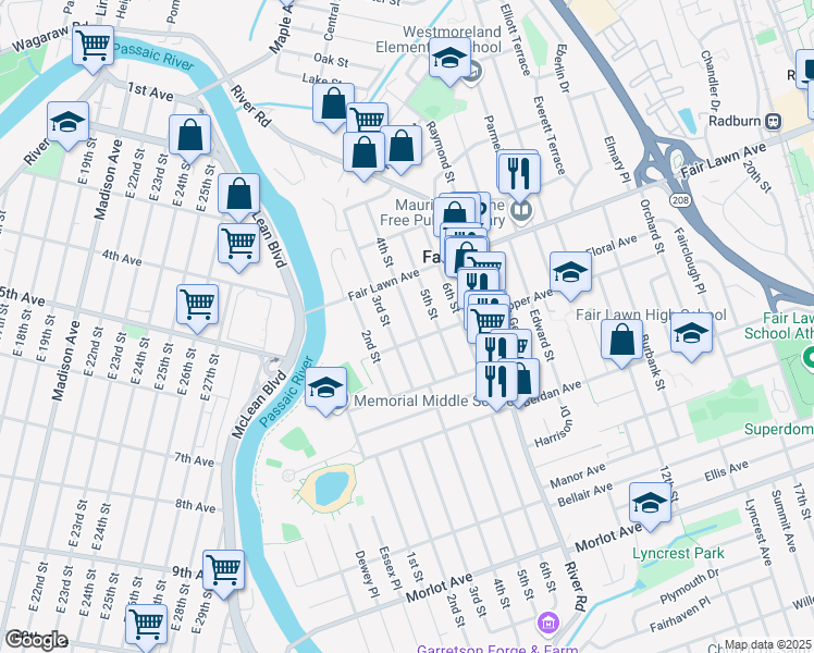 map of restaurants, bars, coffee shops, grocery stores, and more near 13-10 4th Street in Fair Lawn