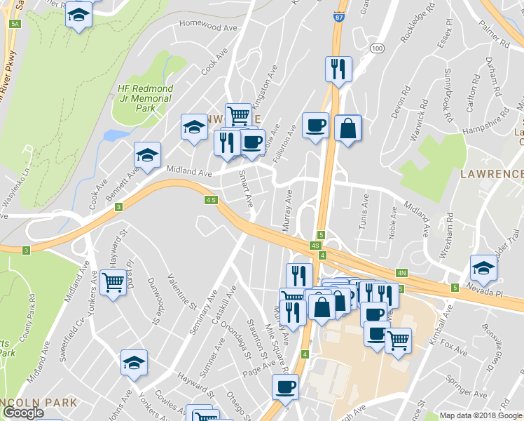 map of restaurants, bars, coffee shops, grocery stores, and more near 100 University Avenue in Yonkers