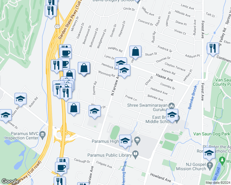 map of restaurants, bars, coffee shops, grocery stores, and more near 202 North Farview Avenue in Paramus