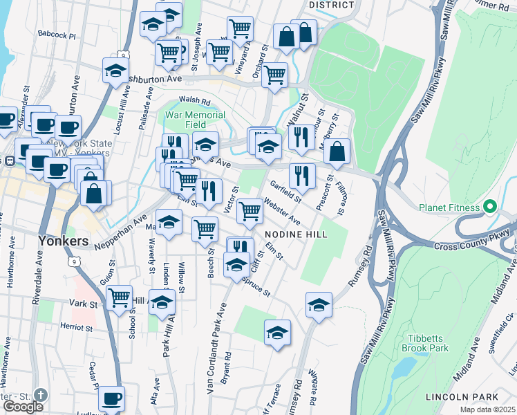 map of restaurants, bars, coffee shops, grocery stores, and more near 336 Walnut Street in Yonkers