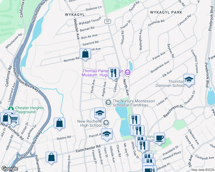 map of restaurants, bars, coffee shops, grocery stores, and more near 85 Argyle Avenue in New Rochelle