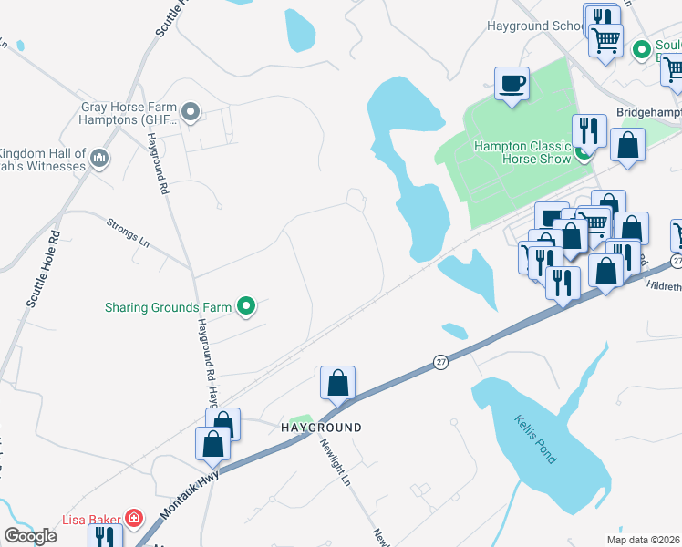 map of restaurants, bars, coffee shops, grocery stores, and more near 221 Hayground Road in Water Mill