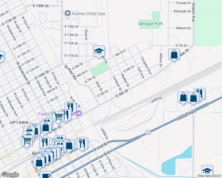 map of restaurants, bars, coffee shops, grocery stores, and more near 1000 East 5th Street in Grand Island
