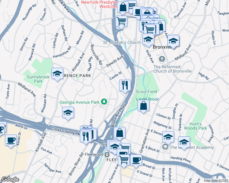 map of restaurants, bars, coffee shops, grocery stores, and more near 81 Bronxville Road in Yonkers