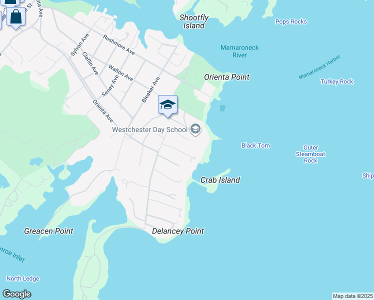 map of restaurants, bars, coffee shops, grocery stores, and more near 1 Skibo Lane in Mamaroneck