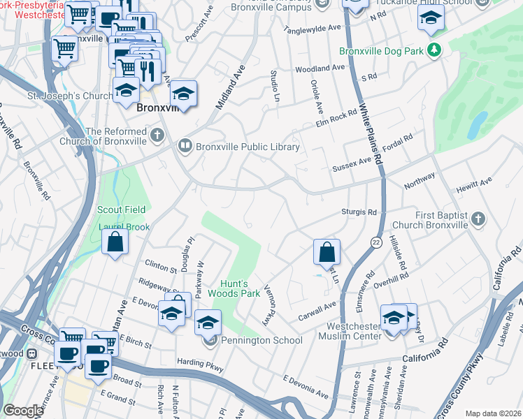 map of restaurants, bars, coffee shops, grocery stores, and more near 8 Wood End Lane in Bronxville