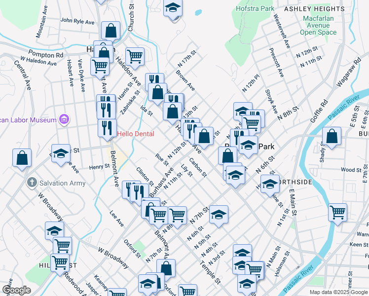 map of restaurants, bars, coffee shops, grocery stores, and more near 16 North 12th Street in Haledon