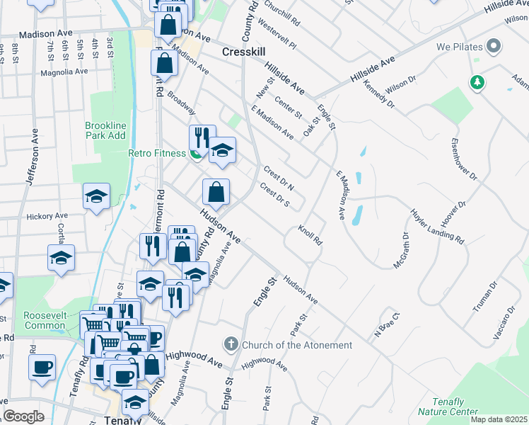 map of restaurants, bars, coffee shops, grocery stores, and more near 19 North Summit Street in Tenafly