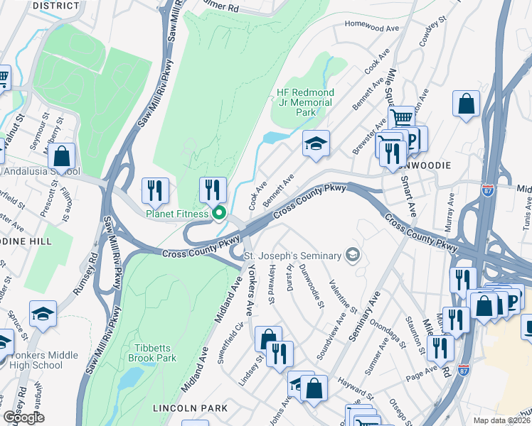 map of restaurants, bars, coffee shops, grocery stores, and more near 1 Bennett Avenue in Yonkers