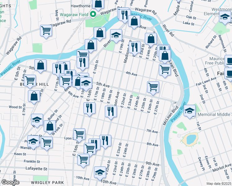 map of restaurants, bars, coffee shops, grocery stores, and more near 210 Madison Avenue in Paterson