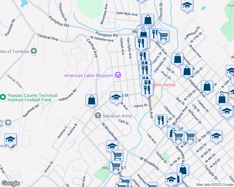 map of restaurants, bars, coffee shops, grocery stores, and more near 320 Southside Avenue in Haledon