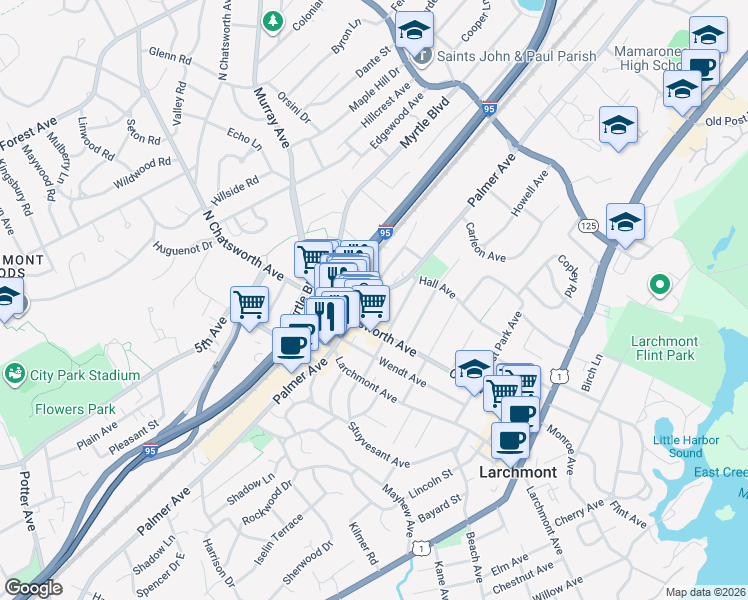 map of restaurants, bars, coffee shops, grocery stores, and more near 1880 Palmer Avenue in Larchmont