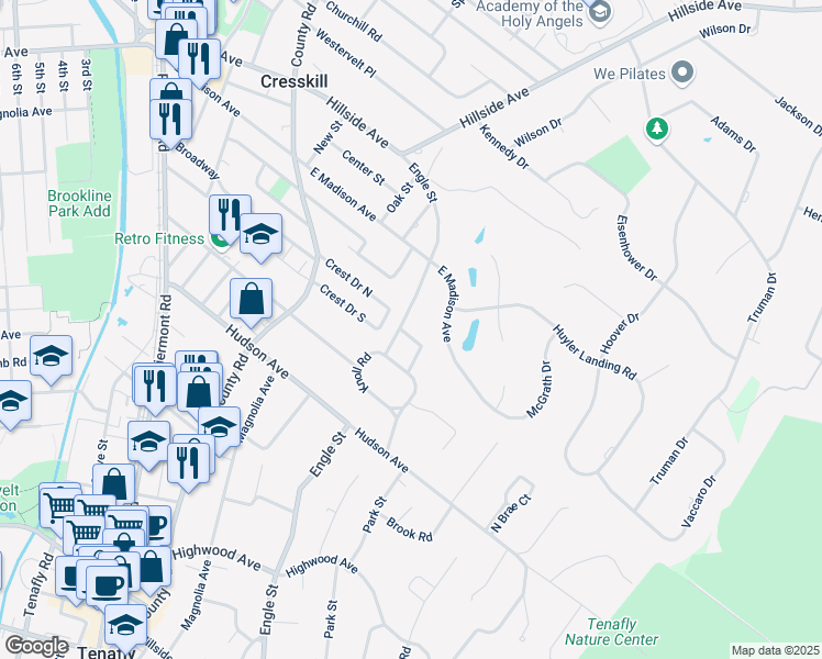 map of restaurants, bars, coffee shops, grocery stores, and more near 30 Engle Street in Cresskill