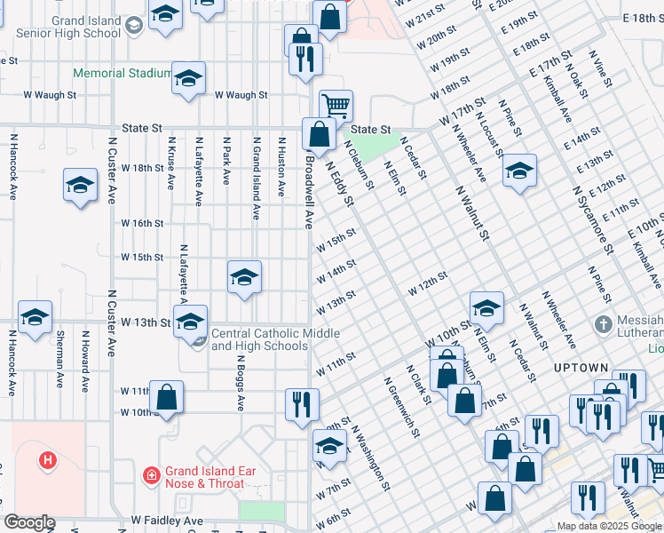 map of restaurants, bars, coffee shops, grocery stores, and more near 1403 North Greenwich Street in Grand Island