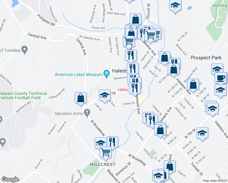 map of restaurants, bars, coffee shops, grocery stores, and more near 67 Passaic County 658 in Haledon