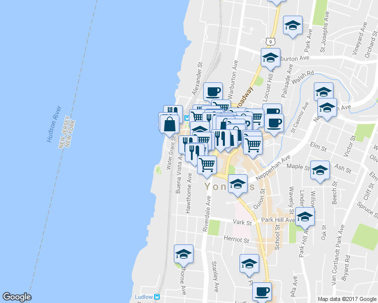 map of restaurants, bars, coffee shops, grocery stores, and more near 7 Hawthorne Avenue in Yonkers