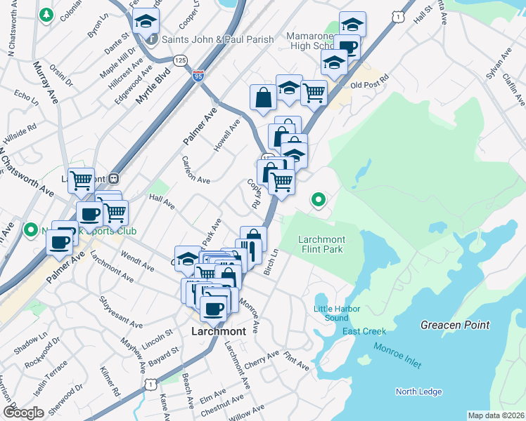 map of restaurants, bars, coffee shops, grocery stores, and more near 11 Alden Road in Larchmont