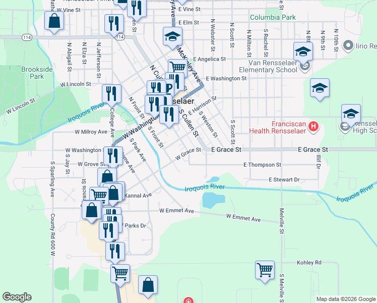 map of restaurants, bars, coffee shops, grocery stores, and more near 200 West Grace Street in Rensselaer