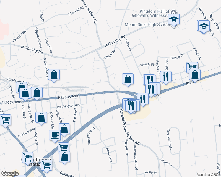 map of restaurants, bars, coffee shops, grocery stores, and more near 1437 Hallock Avenue in Port Jefferson Station