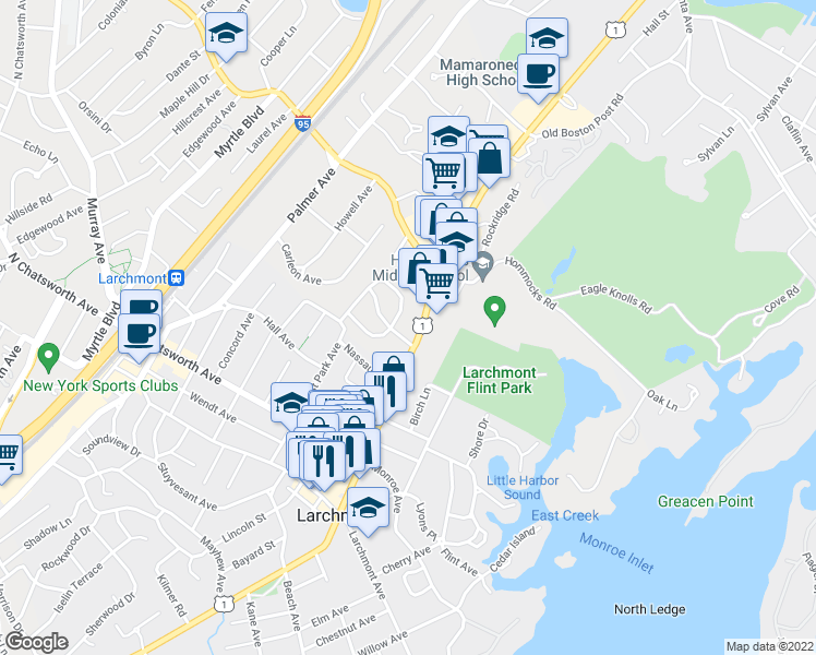 map of restaurants, bars, coffee shops, grocery stores, and more near 11 Alden Road in Larchmont