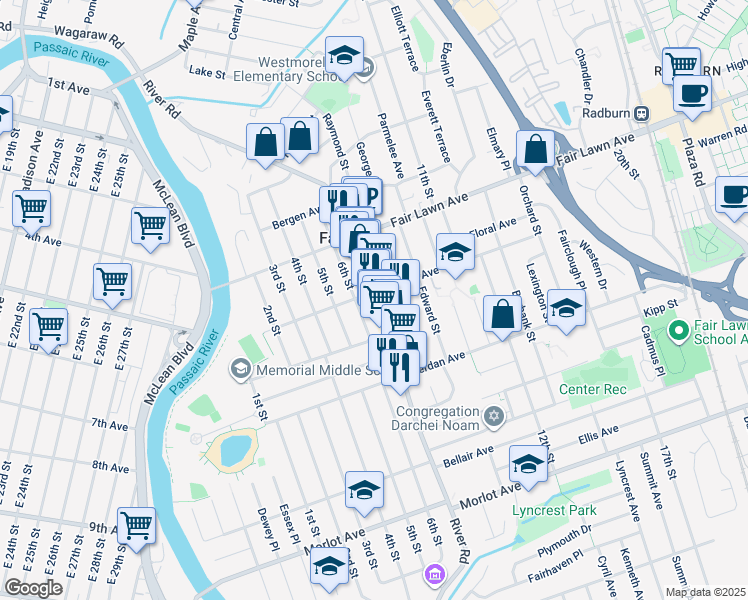 map of restaurants, bars, coffee shops, grocery stores, and more near 12-74 River Road in Fair Lawn