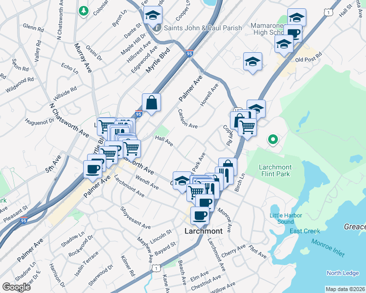 map of restaurants, bars, coffee shops, grocery stores, and more near 11 Virginia Place in Larchmont
