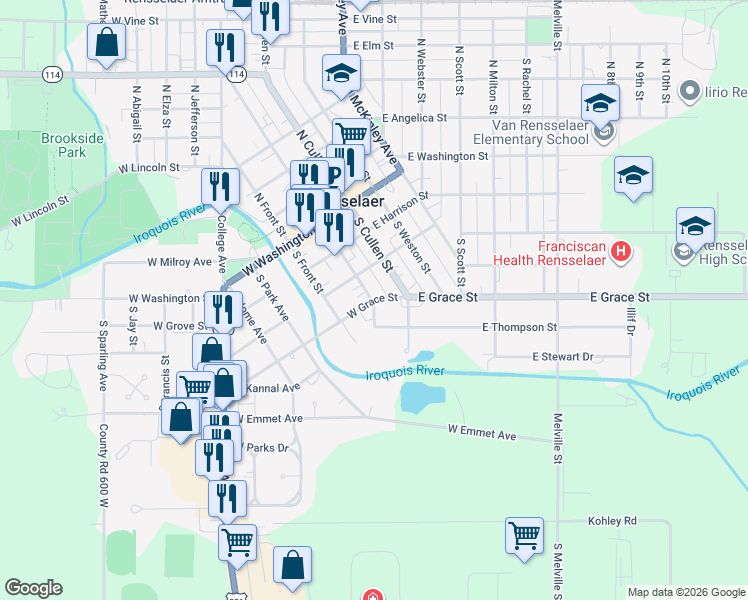 map of restaurants, bars, coffee shops, grocery stores, and more near 198 W Grace St in Rensselaer