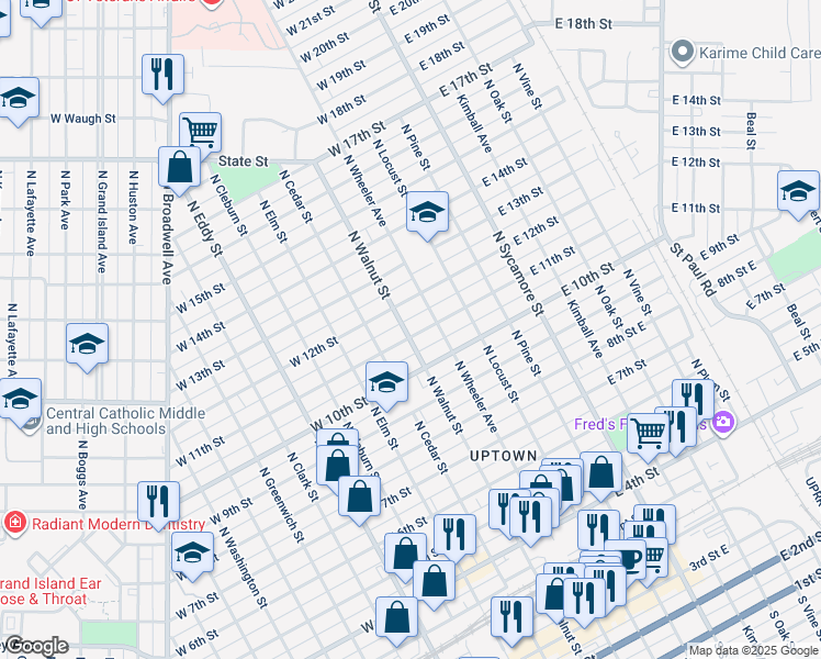 map of restaurants, bars, coffee shops, grocery stores, and more near 322 West 11th Street in Grand Island