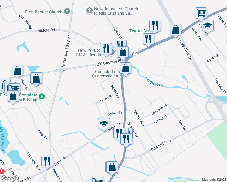 map of restaurants, bars, coffee shops, grocery stores, and more near 41 Segal Avenue in Riverhead