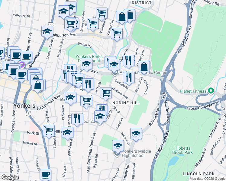 map of restaurants, bars, coffee shops, grocery stores, and more near 336 Walnut Street in Yonkers