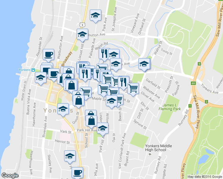 map of restaurants, bars, coffee shops, grocery stores, and more near 70 Linden Street in Yonkers