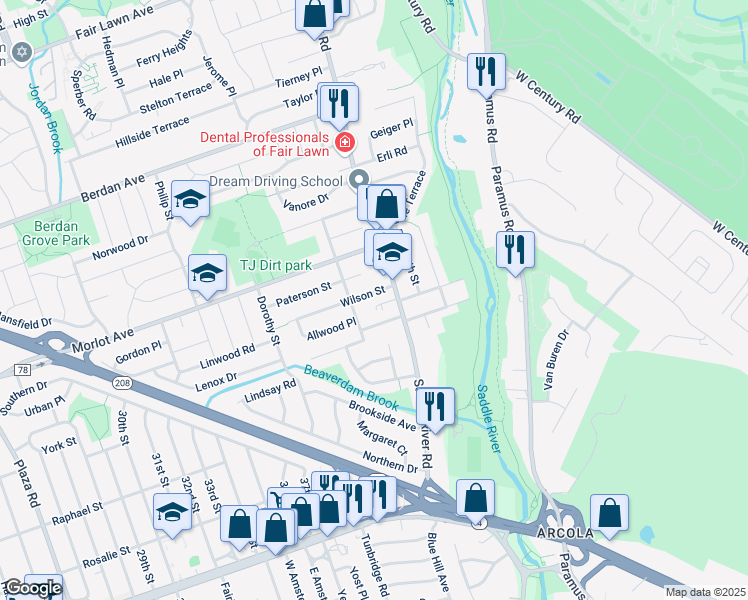 map of restaurants, bars, coffee shops, grocery stores, and more near 4-14 Saddle River Road in Fair Lawn