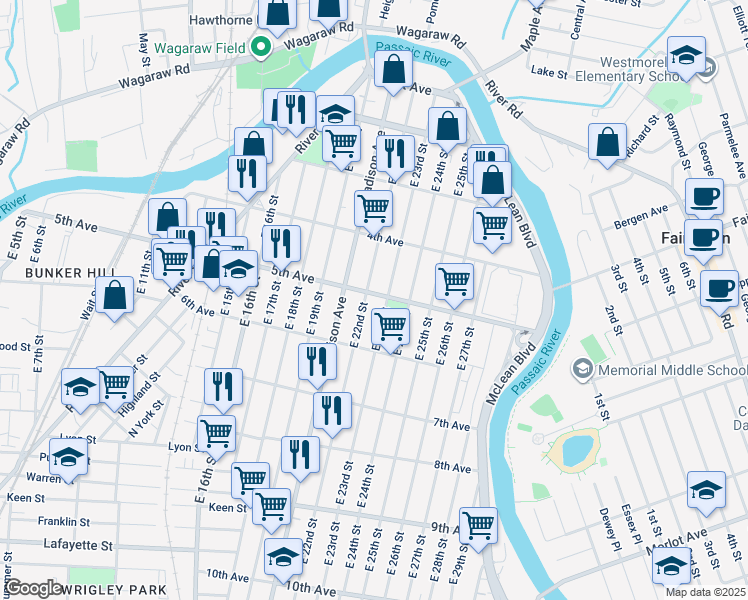map of restaurants, bars, coffee shops, grocery stores, and more near 328 5th Avenue in Paterson