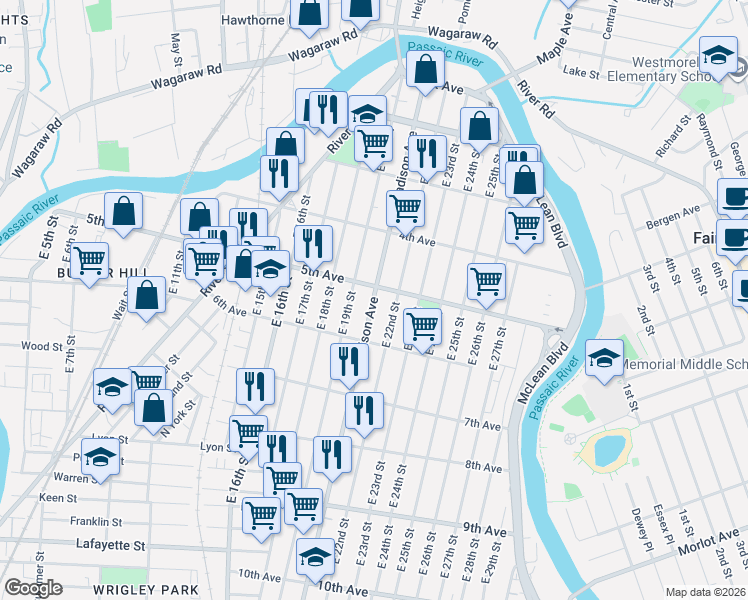 map of restaurants, bars, coffee shops, grocery stores, and more near 210 Madison Avenue in Paterson