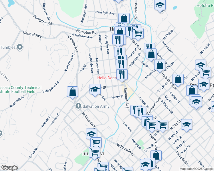 map of restaurants, bars, coffee shops, grocery stores, and more near 61 Passaic County 658 in Haledon