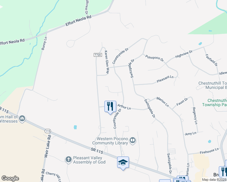 map of restaurants, bars, coffee shops, grocery stores, and more near 116 Edgewood Drive in Brodheadsville