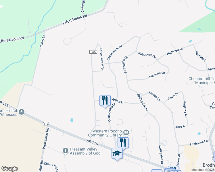 map of restaurants, bars, coffee shops, grocery stores, and more near Edgewood Drive in Brodheadsville