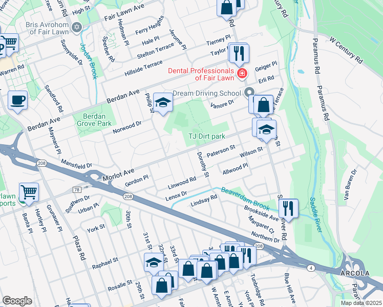 map of restaurants, bars, coffee shops, grocery stores, and more near 37-02 Morlot Avenue in Fair Lawn