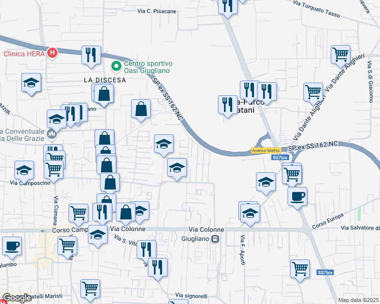 map of restaurants, bars, coffee shops, grocery stores, and more near 92 Via Antica Giardini Parco G. B. Futura in Giugliano in Campania