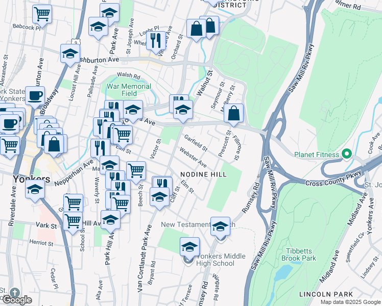 map of restaurants, bars, coffee shops, grocery stores, and more near 129 Webster Avenue in Yonkers