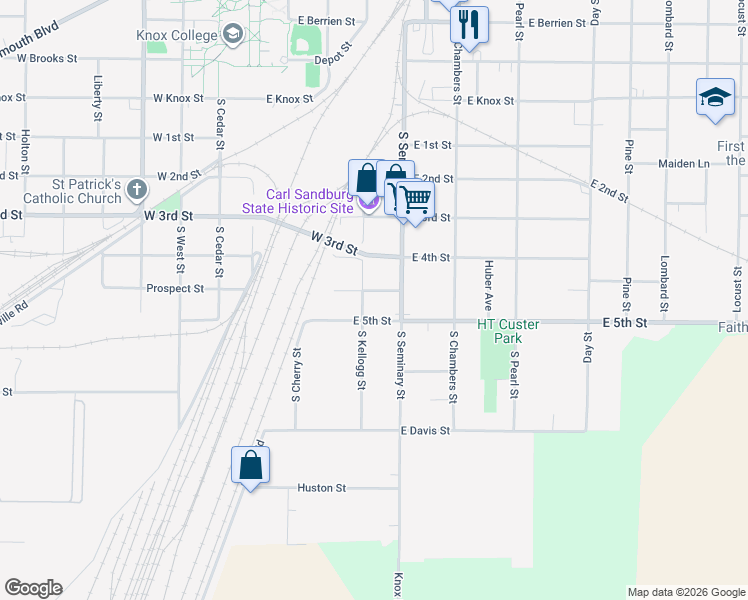 map of restaurants, bars, coffee shops, grocery stores, and more near 301-333 E Prospect St in Galesburg