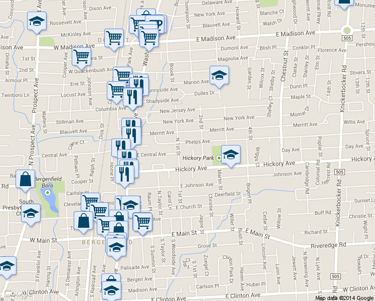 map of restaurants, bars, coffee shops, grocery stores, and more near 12 McKinley Place in Bergenfield