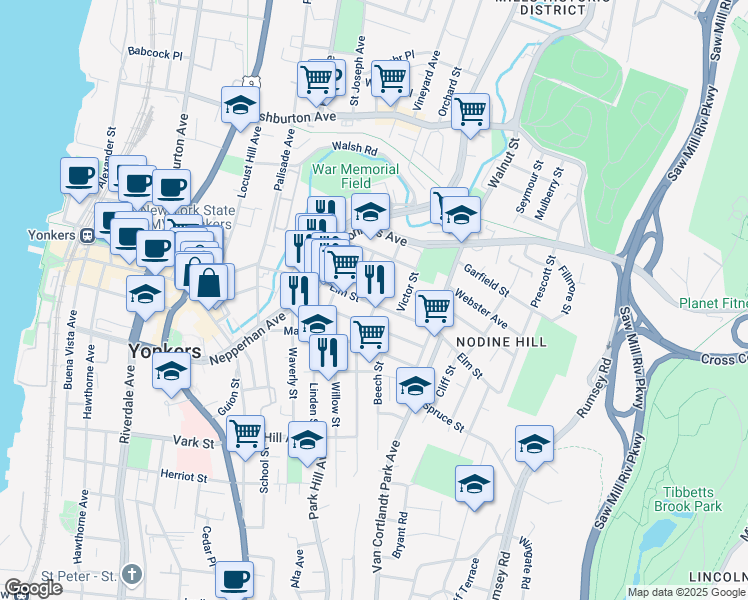 map of restaurants, bars, coffee shops, grocery stores, and more near 149 Elm Street in Yonkers