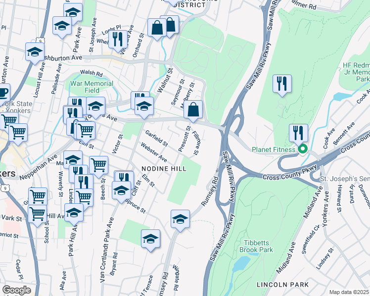 map of restaurants, bars, coffee shops, grocery stores, and more near 368 Prescott Street in Yonkers