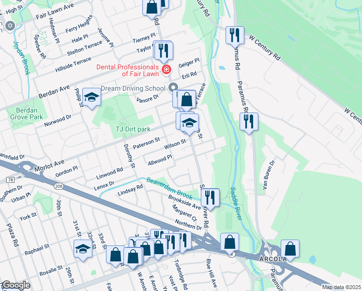 map of restaurants, bars, coffee shops, grocery stores, and more near 4-14 Saddle River Road in Fair Lawn
