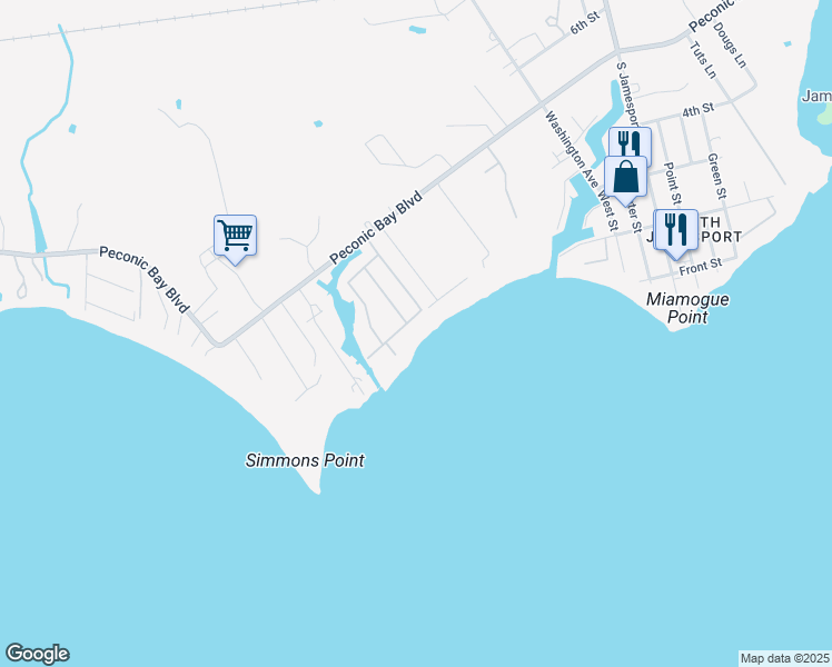 map of restaurants, bars, coffee shops, grocery stores, and more near 51 Bayside Avenue in Riverhead
