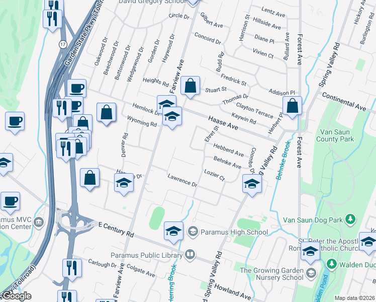 map of restaurants, bars, coffee shops, grocery stores, and more near 225 Bogert Place in Paramus