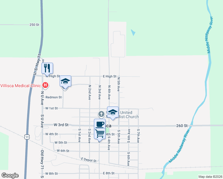 map of restaurants, bars, coffee shops, grocery stores, and more near 117 North 4th Avenue in Villisca