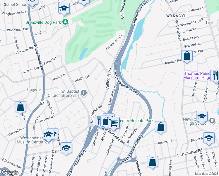 map of restaurants, bars, coffee shops, grocery stores, and more near 478 California Road in Bronxville