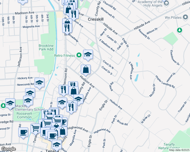 map of restaurants, bars, coffee shops, grocery stores, and more near 288 County Road in Tenafly
